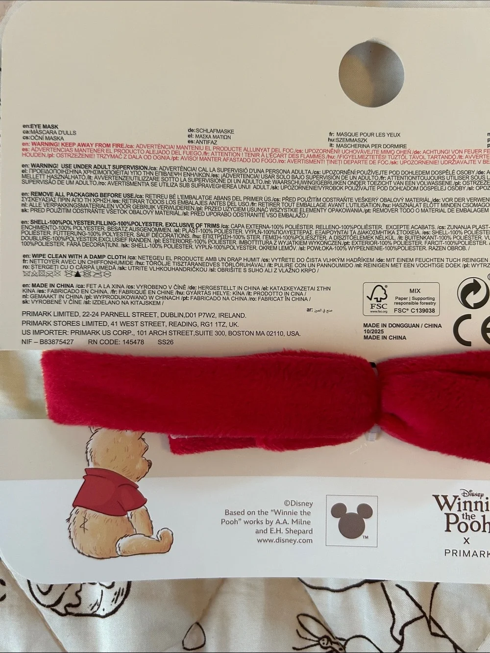 Primark Winnie the Pooh Yellow Plush Eye Mask